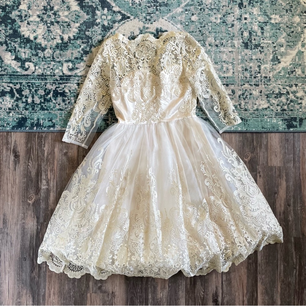 NWT Chi Chi London Gold Retro Formal Dress Gown Size 6 Floral Lace Sweetheart - Picture 13 of 16